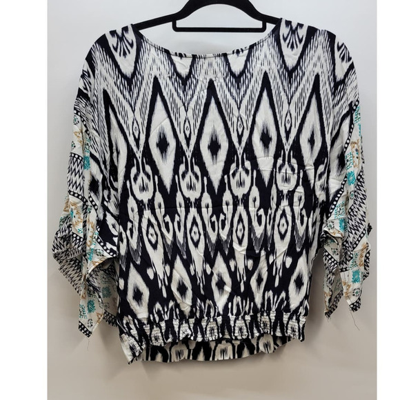 Cato Peasant Top Blue Teal Tan Boho Kimono Sleeve - Picture 2 of 5